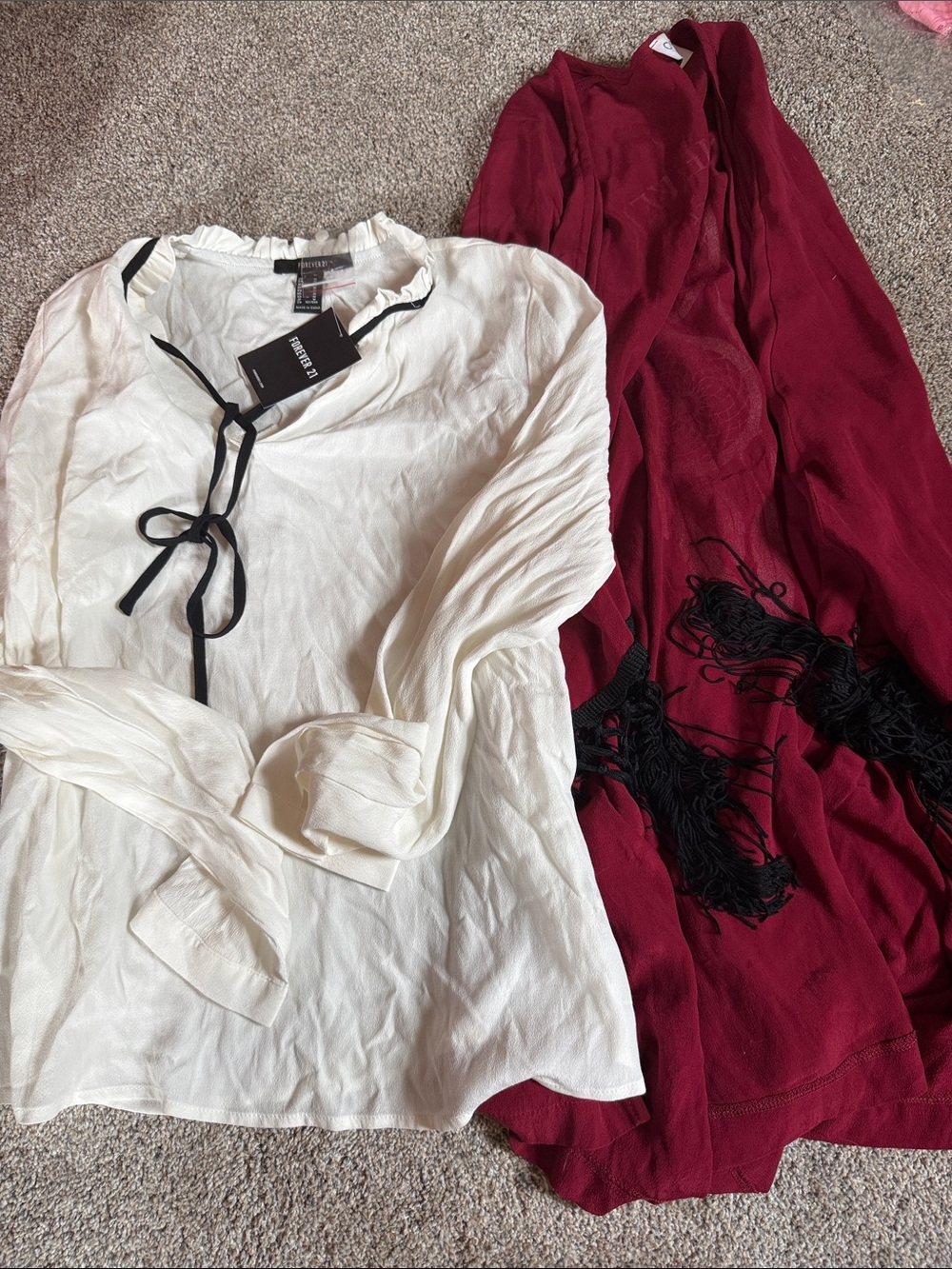 White Tie-Neck Blouse with Black ribbon f21 gypsy warrior fringe duster bundle